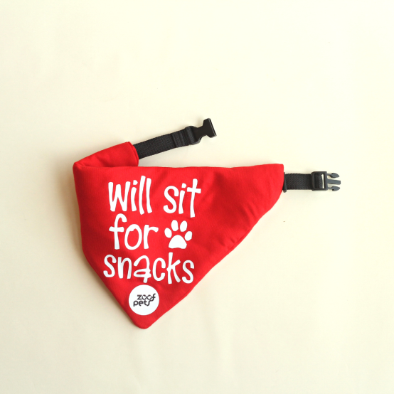 Red dog bandana with saying ' Will sit for snacks'
